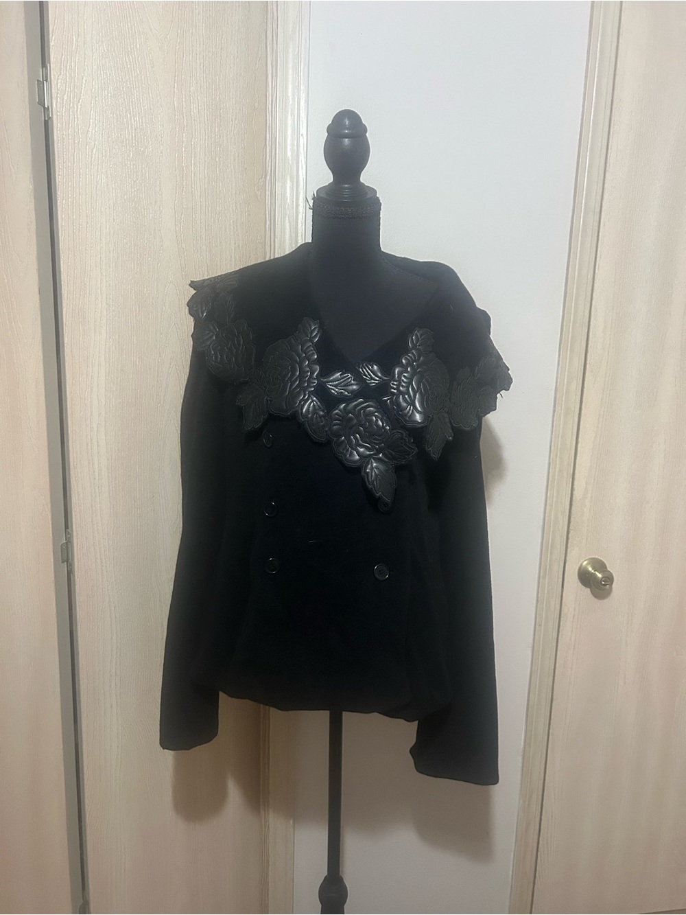 Newport News Black Pea Coat with Floral Appliqué